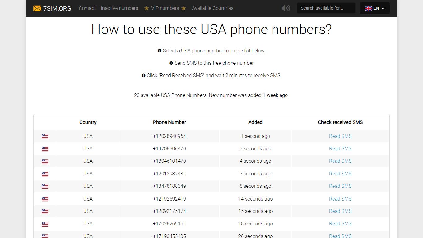 Receive Free SMS Online for United States 7 numbers are ready to ...